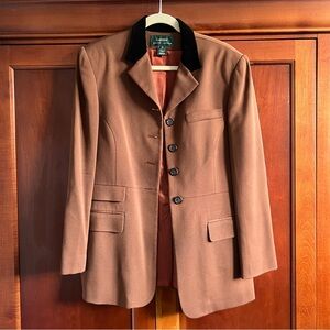 Lauren Ralph Lauren Brown Equestrian Wool Blazer Velvet Collar Satin Lined